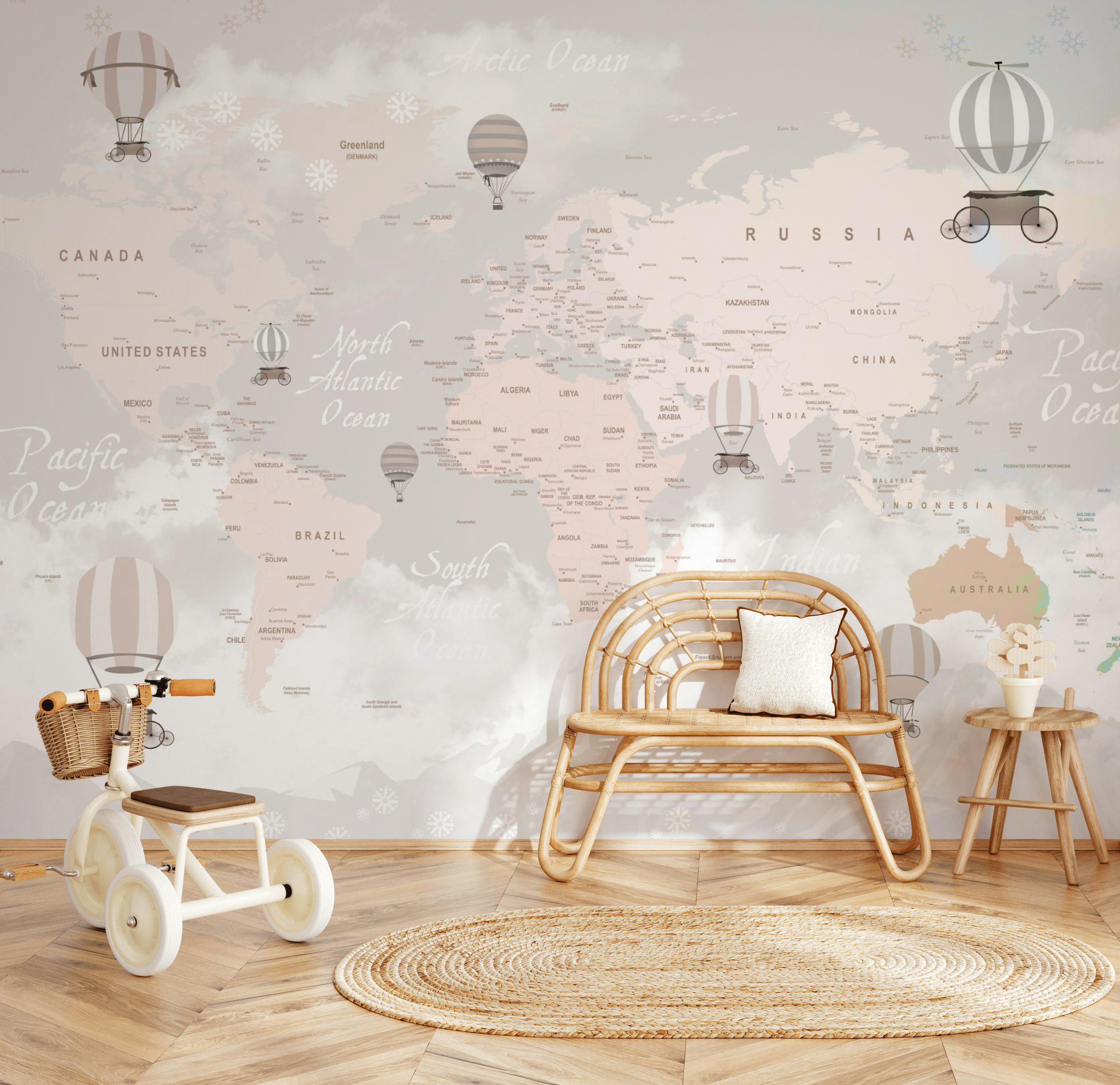 World Map Wallpaper Kids Peel and Stick Nursery Wall Mural Abstract ...