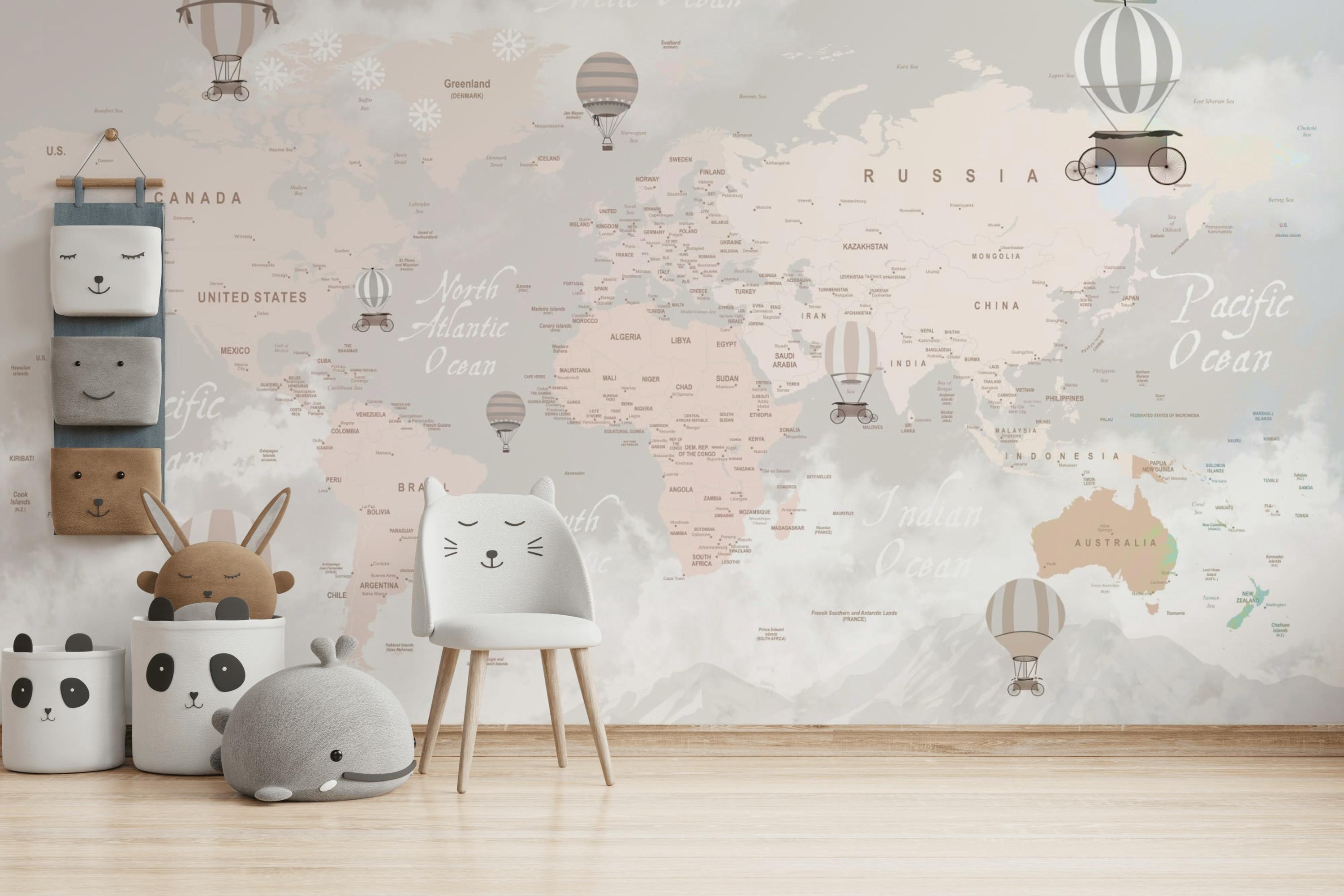 World Map Wallpaper Kids Peel and Stick Nursery Wall Mural Abstract ...