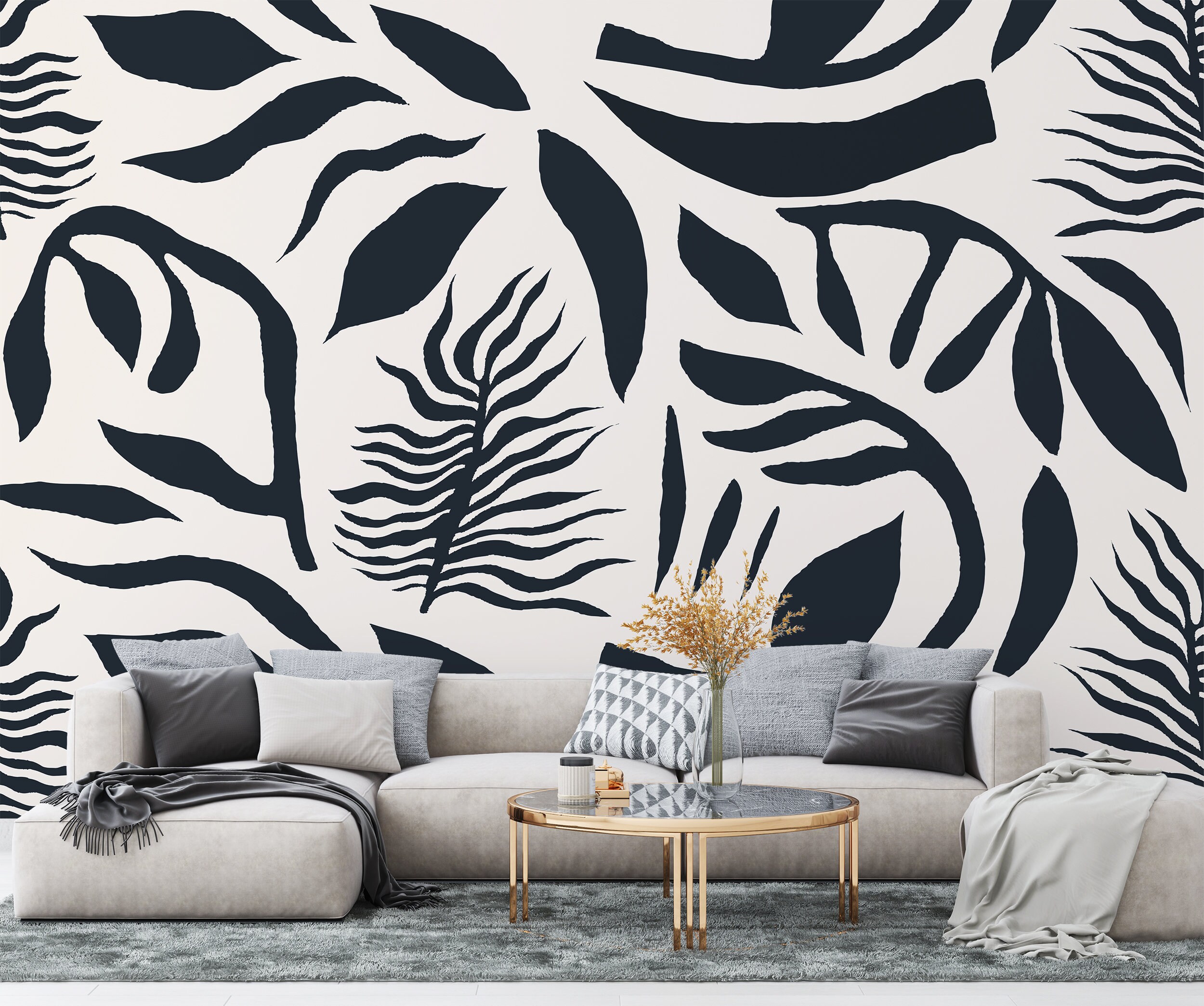 Shapes Wallpaper Black and White Peel and Stick Leaves Wall Mural ...