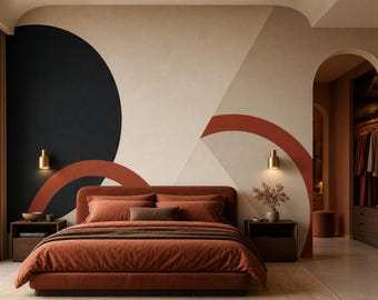 Beige behangmuur voor de slaapkamer met roestkleurige bogen