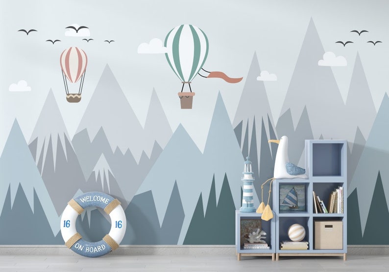 Snowy Mountain Wallpaper Kids Wall Mural Air Balloons Peel and Stick ...
