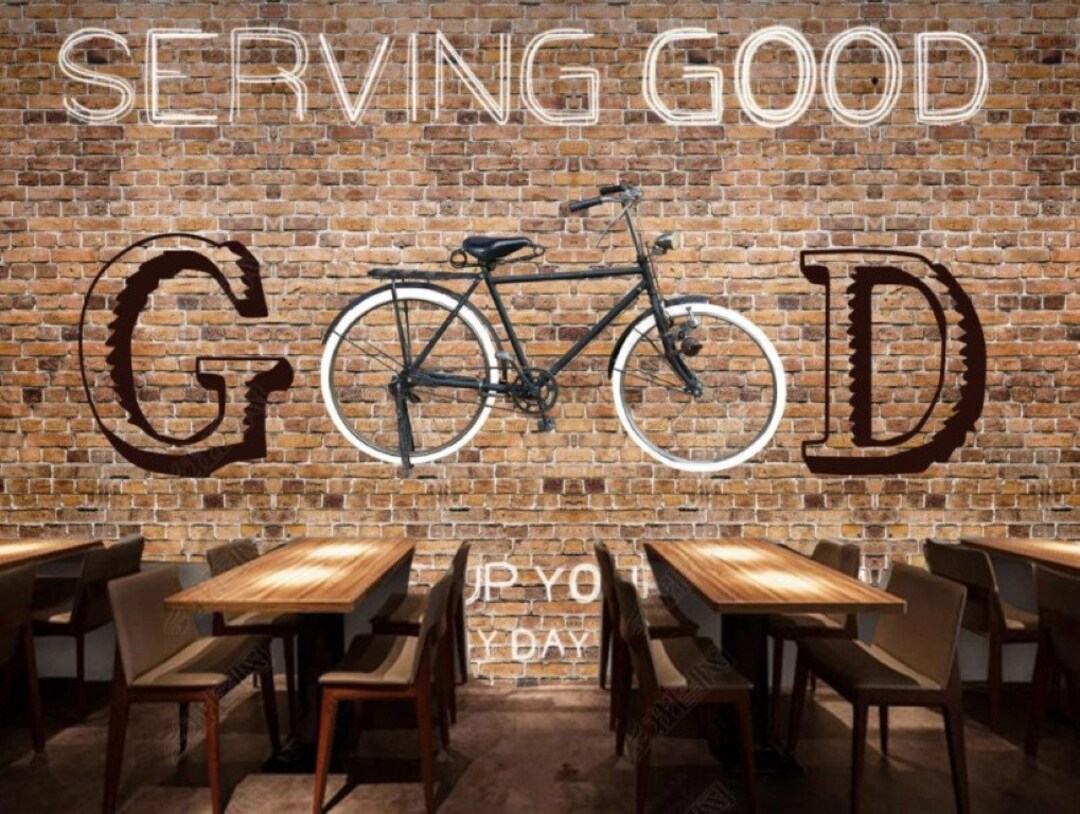Cafe Wallpaper / Bicycle Themed Wallpaper / Brick Wall Wallpaper