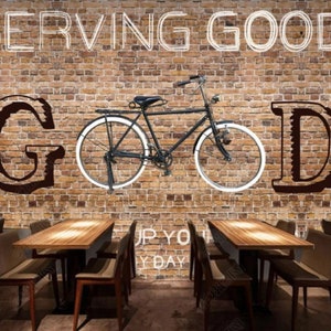 Cafe Wallpaper / Bicycle Themed Wallpaper / Brick Wall Wallpaper / Vintage Wallpaper / Peel & Stick Wallpaper / Removable Wallpaper