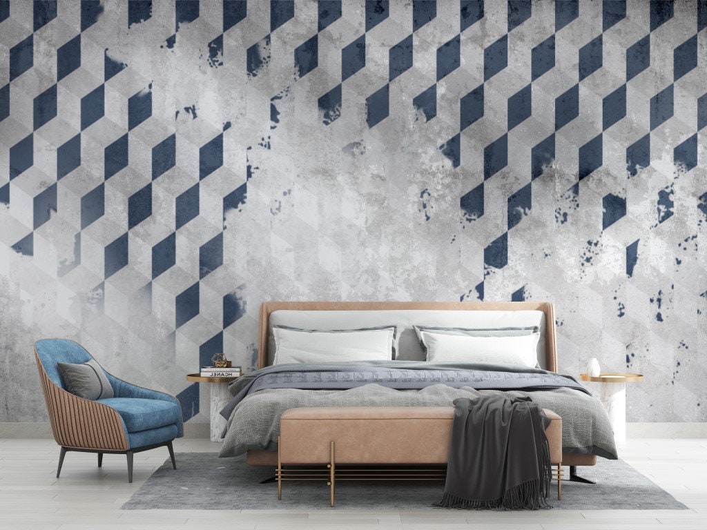 Navy Blue Gray Squares Wallpaper / Geometric Wallpaper / Gray | Etsy