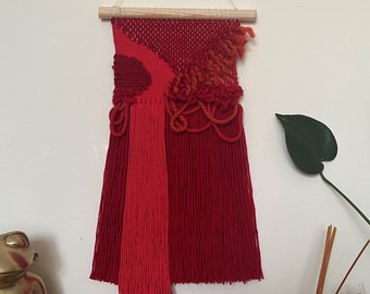 Red Woven Wall Hanging - modern, textural tapestry wall art, fibre art, weaving