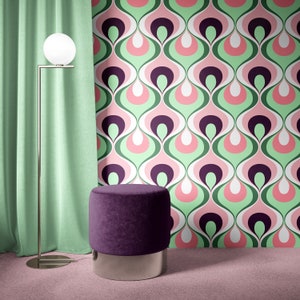 Retro Mood Wallpaper Mint Green Purple Plum Blush Rose Pink White Peel and Stick Self Adhesive PrePasted repositionable bathroom kids room