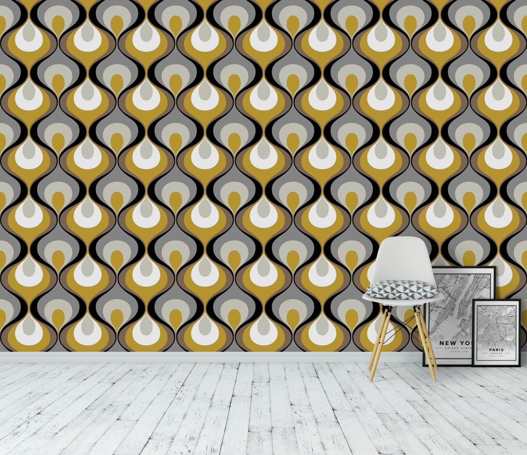 Retro Mood Wallpaper Mustard Grey Taupe Beige Black White Peel Etsy UK