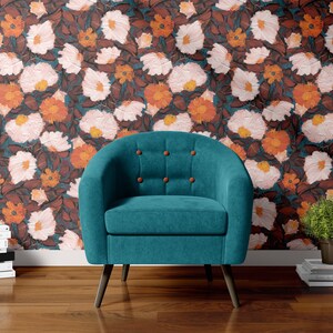 Evening Bloom Wallpaper rust orange yellow teal blue CUSTOM SIZE wall mural Peel and Stick Self Adhesive PrePasted repositionable bathroom