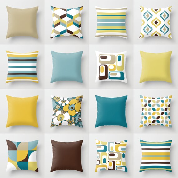 Teal Blue Brown White Mustard Yellow Cushion or Cover Only Mix and