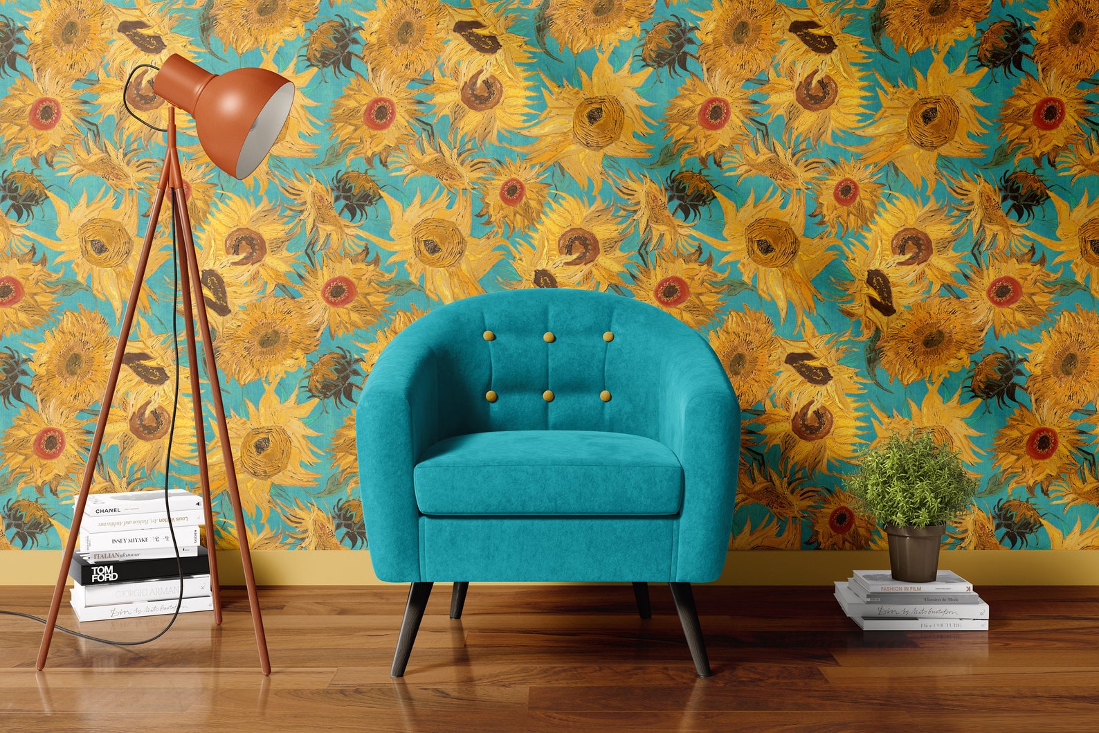 Van Gogh Sunflowers Wallpaper teal orange rust red CUSTOM