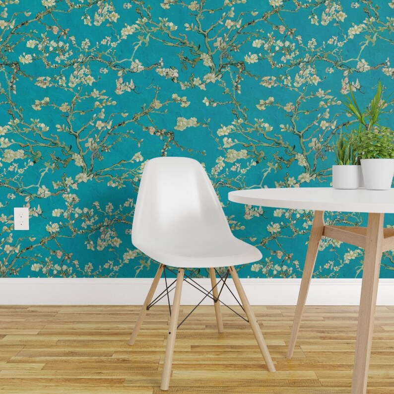 Van Gogh Almond Blossom Wallpaper Teal Blue Sage Green CUSTOM SIZE Wall