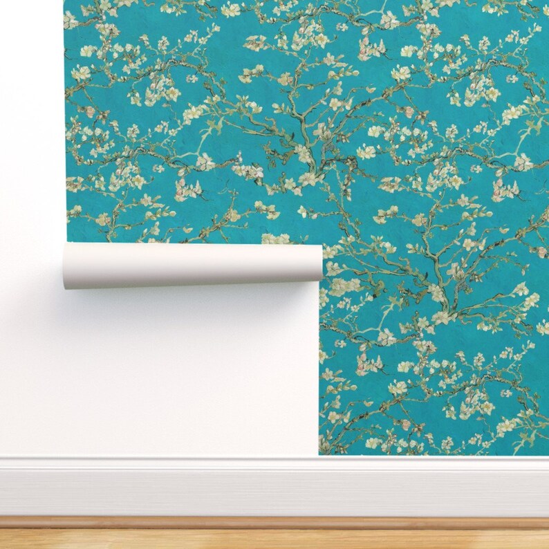 Van Gogh Almond Blossom Wallpaper Teal Blue Sage Green CUSTOM SIZE Wall