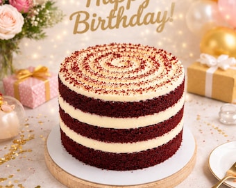 May include: A round red velvet cake with alternating layers of dark red sponge and thick white cream frosting. The top is decorated with a spiral pattern of red cake crumbs. The cake sits on a white circular base atop a wooden cake stand.