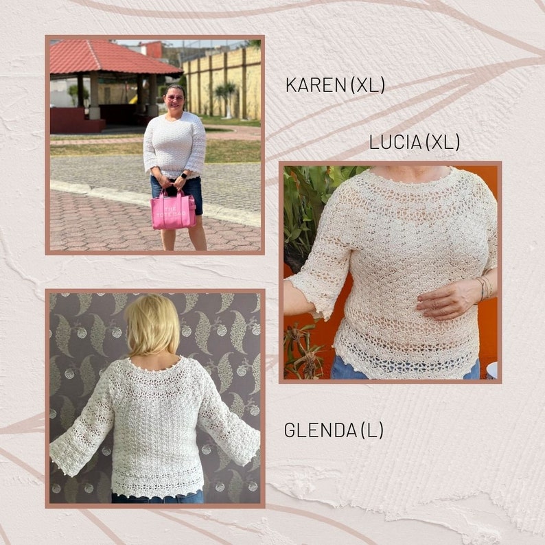 Puede incluir: Tres tops de crochet blanco en diferentes tama&ntilde;os. Los tops est&aacute;n hechos con un delicado patr&oacute;n de punto abierto. El texto "KAREN (XL)", "LUCIA (XL)" y "GLENDA (L)" es visible en la imagen.