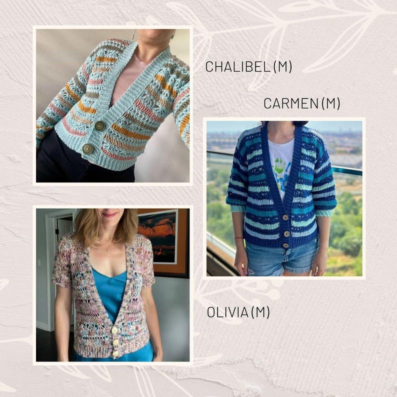 Puede incluir: Se muestran tres c&aacute;rdigans de crochet. El superior izquierdo es azul claro con detalles en naranja y rosa. El superior derecho es de rayas azules y blancas. El inferior izquierdo es rosa y morado. Cada uno tiene cierres de bot&oacute;n.