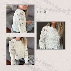 Puede incluir: Un su&eacute;ter blanco de ganchillo con un delicado patr&oacute;n de encaje. El su&eacute;ter tiene mangas largas y un ajuste ligeramente recortado. El su&eacute;ter se muestra en una modelo que lo lleva con jeans.