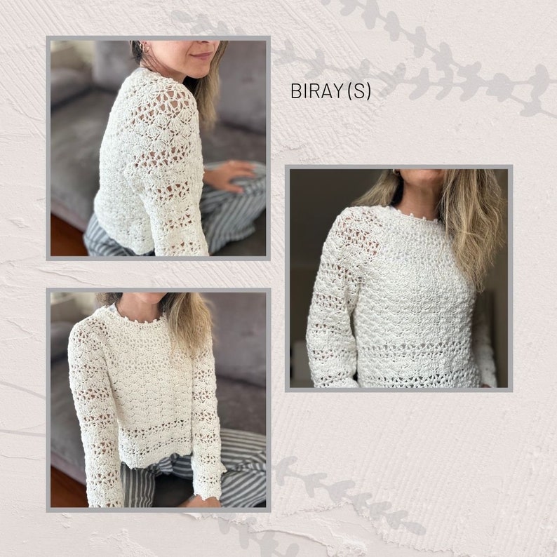 Puede incluir: Un su&eacute;ter blanco de ganchillo con un delicado patr&oacute;n de encaje. El su&eacute;ter tiene mangas largas y un ajuste ligeramente recortado. El su&eacute;ter se muestra en una modelo que lo lleva con jeans.