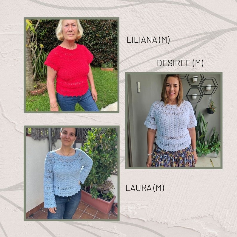 Puede incluir: Tres mujeres con tops de ganchillo en diferentes colores. Los tops son todos de manga corta y tienen un dise&ntilde;o similar. Las mujeres est&aacute;n de pie frente a un fondo verde.