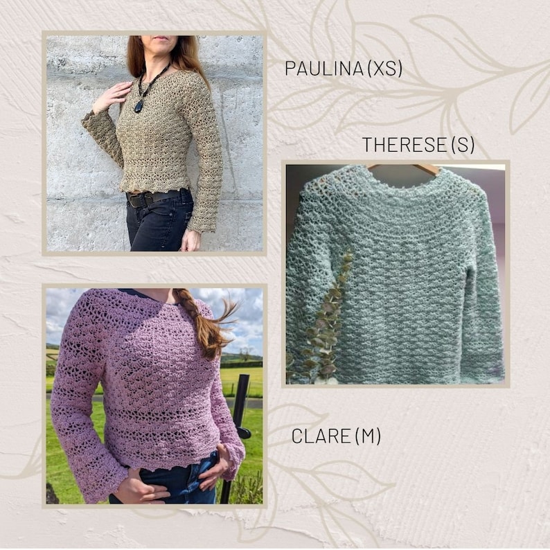 Puede incluir: Tres jers&eacute;is de ganchillo en diferentes colores y tallas. Los jers&eacute;is se muestran sobre un fondo blanco con un dise&ntilde;o floral. Los jers&eacute;is est&aacute;n etiquetados con los nombres "Paulina (XS)", "Therese (S)" y "Clare (M)".