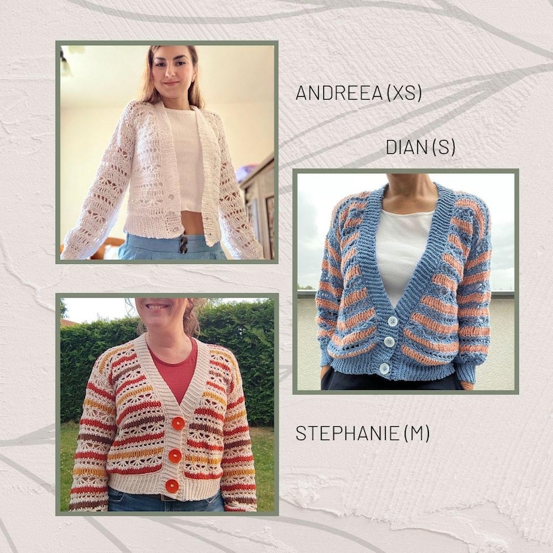 Puede incluir: Se muestran tres c&aacute;rdigans de ganchillo, cada uno con un dise&ntilde;o y combinaci&oacute;n de colores &uacute;nicos. El superior izquierdo es blanco con calados. El superior derecho es de rayas azules y naranjas. El inferior izquierdo es de rayas beige, rojas y marrones. El texto en la imagen dice: ANDREEA (XS), DIAN (S) y STEPHANIE (M).