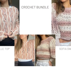 May include: A crochet bundle featuring two tops. The "Giselle Top" is a pink and cream-colored long-sleeved crop top with a wavy design. The "Sofia Sweater" is a pink and cream-colored long-sleeved sweater with a striped pattern and balloon sleeves. The text "CROCHET BUNDLE" is visible.
