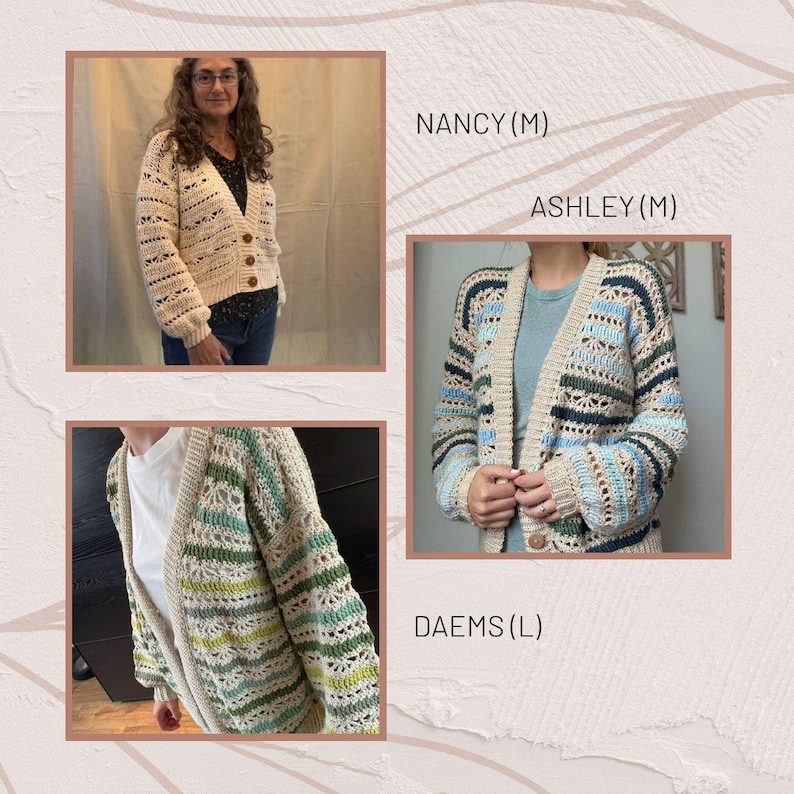 Puede incluir: Tres c&aacute;rdigans de ganchillo hechos a mano en diferentes estilos y colores. Uno es de color crema con botones de madera, otro tiene rayas azules y verdes, y el tercero presenta rayas verdes y crema. El texto "NANCY (M)", "ASHLEY (M)" y "DAEMS (L)" es visible.