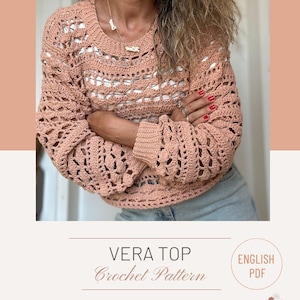 May include: A peach-colored long-sleeve crochet top with a round neckline and an openwork stitch pattern. The text on the image reads VERA TOP Crochet Pattern, ENGLISH PDF, DESIGNED AND CREATED BY LARAMILOOPS BIRAY CELIK, and Larami Loops.