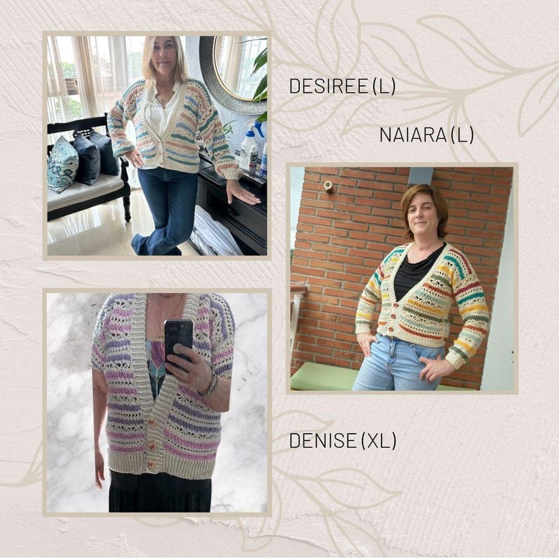 Puede incluir: Tres mujeres modelando c&aacute;rdigans de ganchillo hechos a mano, coloridos. Los c&aacute;rdigans presentan varios patrones de rayas en tonos de azul, verde, amarillo y rosa. Cada c&aacute;rdigan tiene una longitud de manga y un estilo de bot&oacute;n diferente. Tallas: L y XL.
