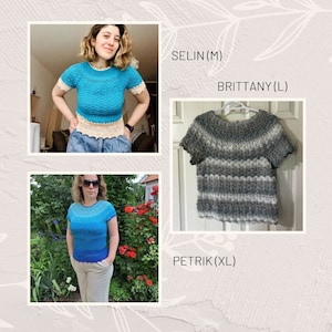 Puede incluir: Tres tops de crochet en diferentes colores y tama&ntilde;os. El top de la izquierda es turquesa con un ribete blanco, el top del medio es un degradado de azul y el top de la derecha es gris y blanco.