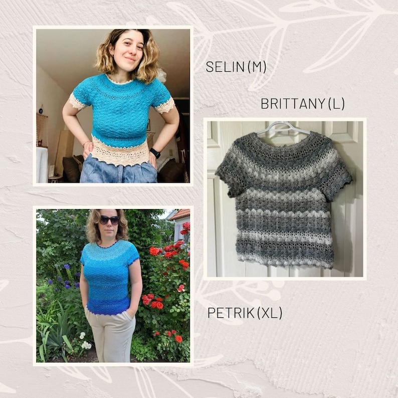 Puede incluir: Tres tops de crochet en diferentes colores y tama&ntilde;os. El top de la izquierda es turquesa con un ribete blanco, el top del medio es un degradado de azul y el top de la derecha es gris y blanco.