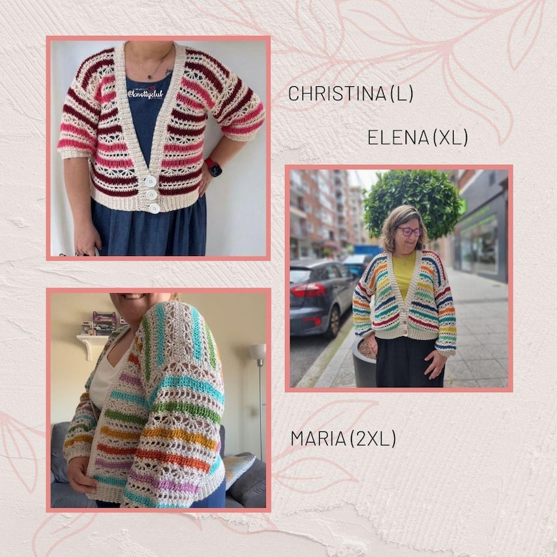 Puede incluir: C&aacute;rdigans de ganchillo en varios colores y patrones. La imagen muestra tres c&aacute;rdigans diferentes, cada uno con un dise&ntilde;o &uacute;nico. Uno tiene rayas rojas, rosas y crema. Otro tiene rayas arco&iacute;ris. El tercero tiene una mezcla de colores.