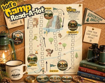 Sommer-Leseprogramm-Diagramm Kid's Camp Lies-A-Lot. PDF Digitaler Download. Verdiene Abzeichen für das Lesen von Abenteuern. Besondere Lese-Missionen