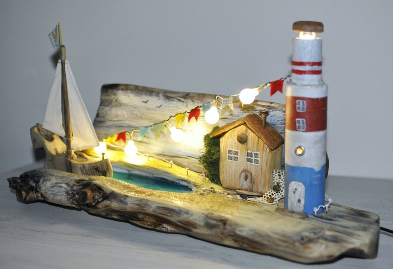 led lamp wood Epoxy resin lamp Wooden night light miniature houses driftwood lamp.