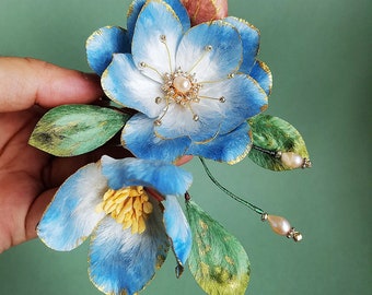 Peine de pelo de peonía de seda azul con flor de terciopelo, horquilla Hanfu, peine de flores, tocado tradicional de palacio