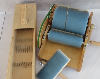 Set: Cardatore a tamburo in legno per lana e raccoglitrice di lana - Cardatore a tamburo per lana 72 / 96 TPI, Raccoglitrice di lana (M&V)