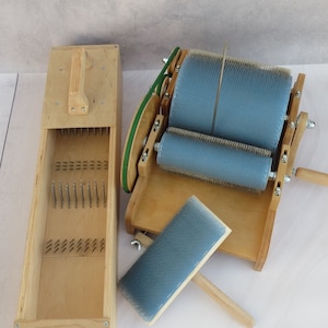Set: Carda de tambor de madera para lana y Recogedor de lana - Carda de tambor para lana 72 / 96 TPI / 120 TPI, Recogedor de lana (M&V)
