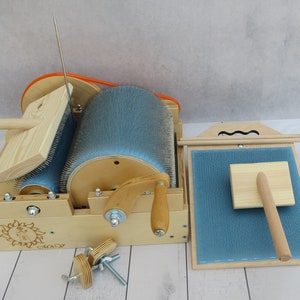 Set: Wooden Drum Carder for wool and Fiber Combing Cardings Blending Board - 72 TPI Wool picker ( M&V )