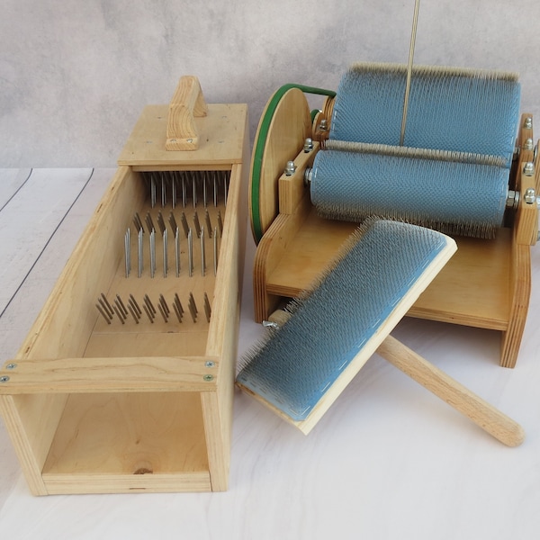 Set: Wooden Drum Carder for wool and Wool picker - Drum Carder for wool 72 / 96 TPI, Wool picker (M&V)