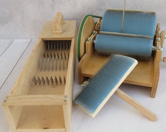 Set: Wooden Drum Carder for wool and Wool picker - Drum Carder for wool 72 / 96 TPI, Wool picker (M&V)