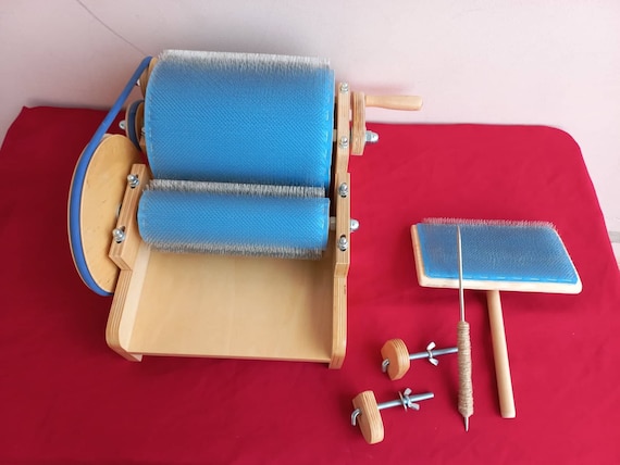 Set: Wooden Drum Carder and Fiber Combing Cardings Blending Board - 72 TPI  ,Wool picker ( M&V )