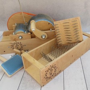 Set: Cardatore a tamburo in legno per lana e raccoglitrice di lana - Cardatore a tamburo per lana 72 TPI / 96 TPI / 120 TPI, Raccoglitore di lana (M&V)