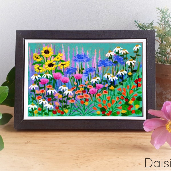 Mini Original Painting, Hand Painted Flowers, Framed Artwork, Small Garden Painting
