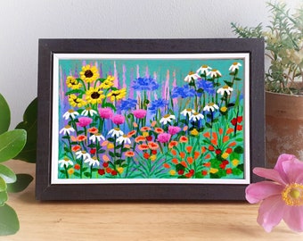 Mini Original Painting, Hand Painted Flowers, Framed Artwork, Small Garden Painting