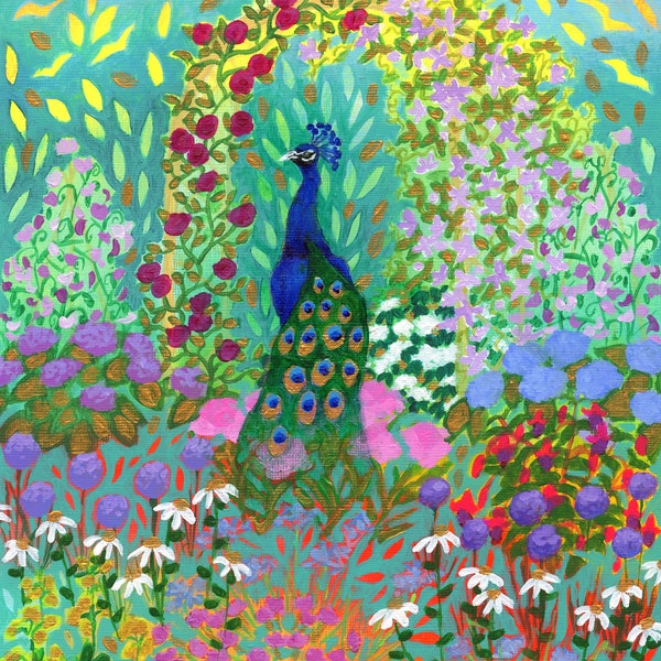 Peacock Painting, Giclee Art Print, Peacock Print, A4 size, flower garden, home decor