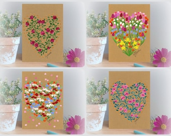 Carte peinte à la main, Carte de fleurs faite à la main, Carte personnalisée, Carte de cœur