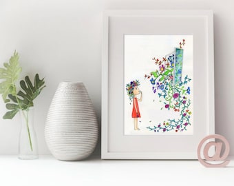 Flower Print, Giclee Art Print, Nursery Decor, Family Art, watercolour illustration, A4 size
