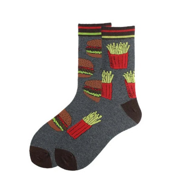 Fast Food Mismatched Unisex Socks For Men or Women, Funny Asymmetrical Novelty Odd Socks, Fun Burger and Fries Mismatch Design Gift Socks.