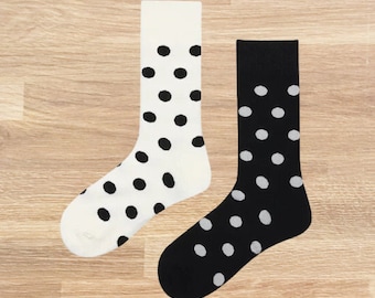 Fun Polkadot Socks, Novelty Mismatched Socks, Black and White Funky Polka Dot Gift Socks, Women's Fashion Socks, Unique Stocking Filler Gift