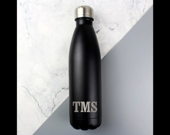 Personalised Metal Gym Bottle, Reusable Black Metal Insulated Drinks Chilly Bottle, Custom Monogrammed Initials Double Walled Water Bottle.