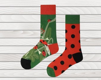 Funky Mismatched Bug Socks, Ladybird Theme Socks, Ladybug Lover Novelty Gift, Cute Colorful Odd Socks, Fun Happy Bright Socks.